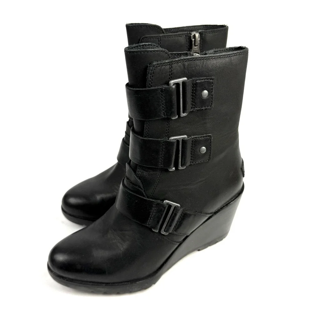 Sorel After Hours Wedge Bootie 7.5 Black Leather Zip Up Buckle Womens Boots